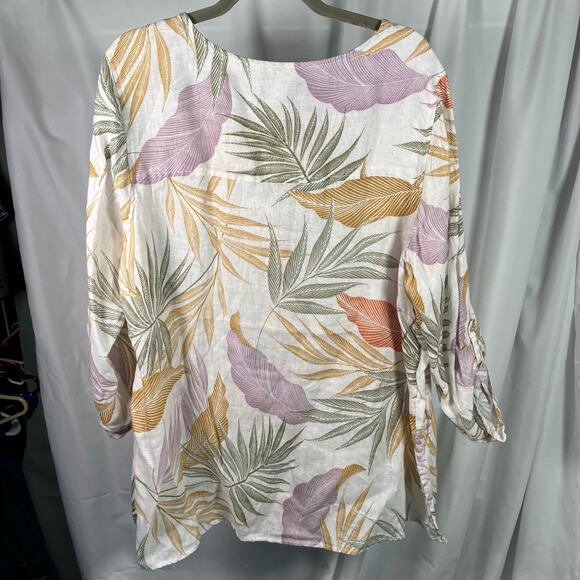 Tahari 100% Linen Button‎ Front Blouse 2X Tropical Leaf Print Long Sleeve Top - Picture 6 of 11